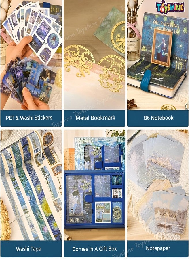 توي شاين مجموعة تدوين يوميات جمالية من توي شاين، دفتر ملاحظات ملون بتصميم عتيق بحجم B6، مثالي لتدوين اليوميات، ومجموعة قصاصات فنية مع ملصقات وأشرطة واشي، هدية فنية وحرفية للأطفال من الجنسين والمراهقين - أزرق، مصنوع من مادة PVC - Image 4